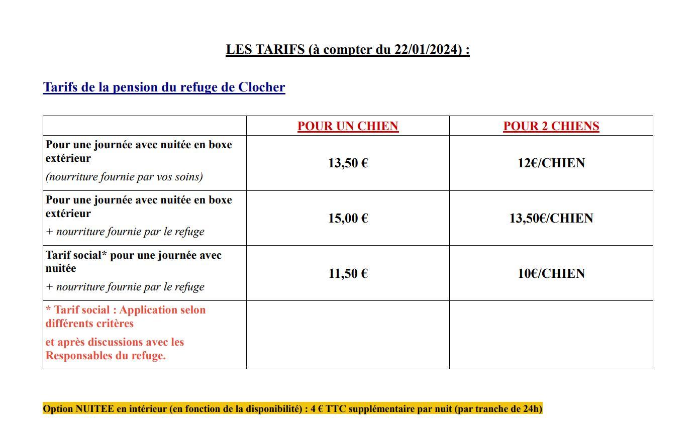 Tarifs pension